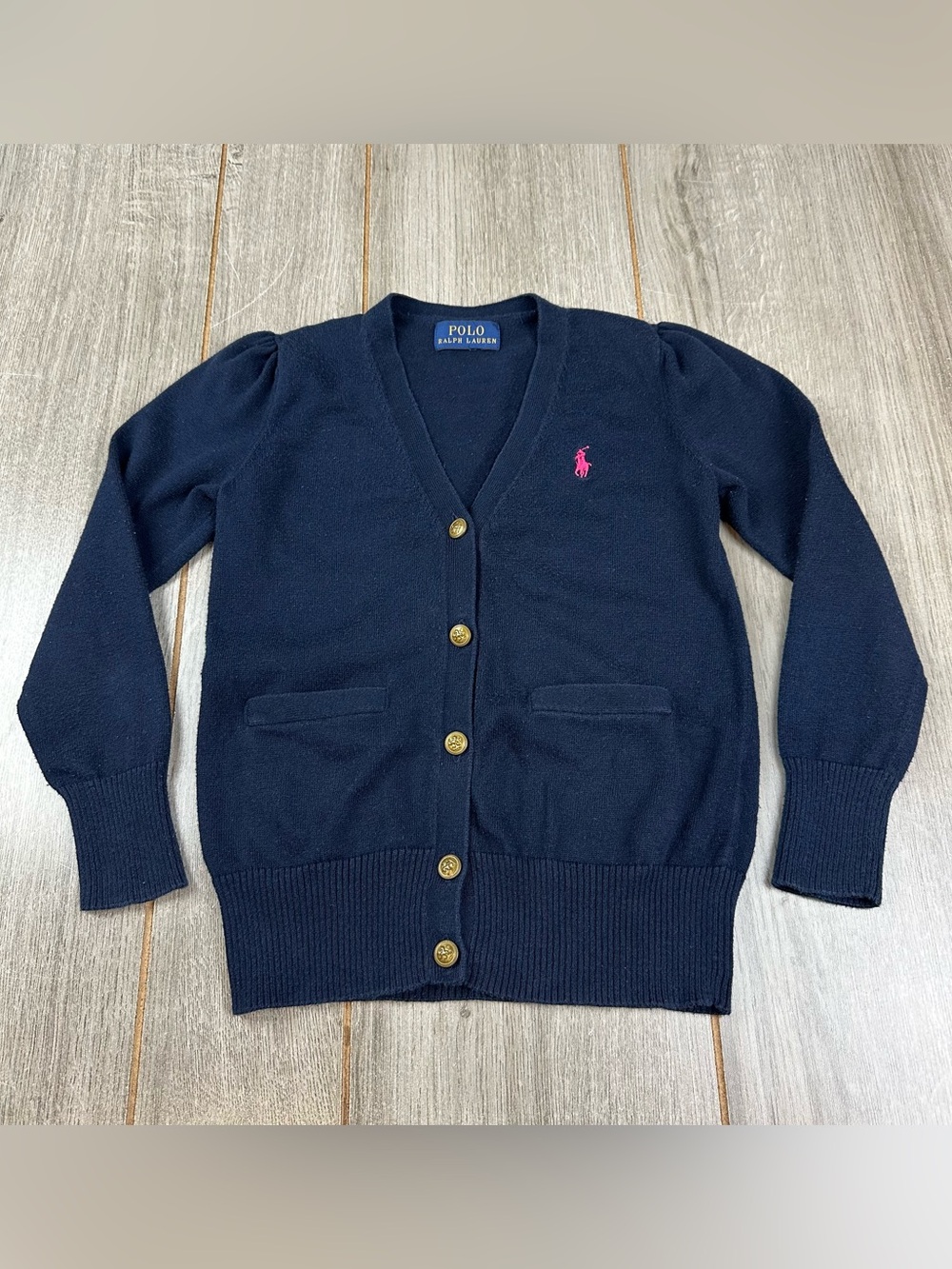 Polo Ralph Lauren Cardigan Sweater Toddler Girls 4T Navy Blue PINK PONY *Flaws